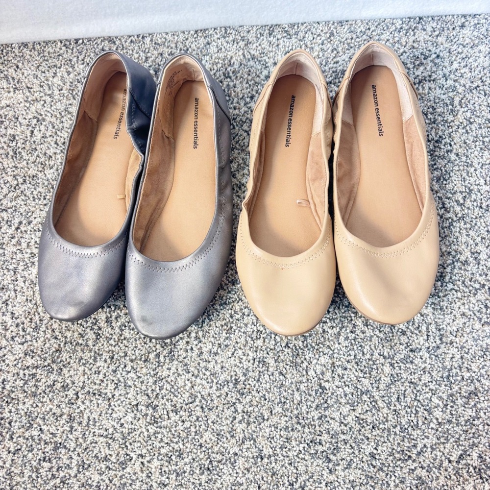 Amazon Essentials Womens Belice Ballet Flats Bundle Silver Beige Size 9.5 Pair